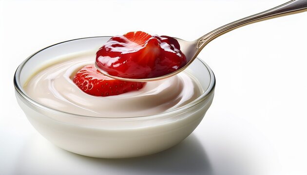 a spoon dipping into creamy yogurt with a swirl of strawberry jam full length isolate on white background