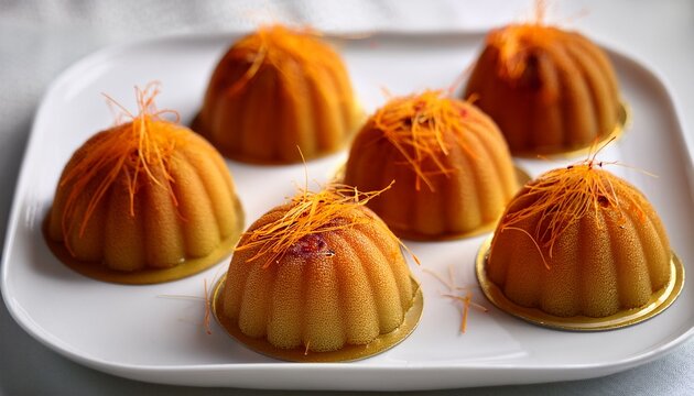 six delicious dome shaped desserts delicately garnished with orange zest and saffron threads are beautifully arranged on a white platter ready to be savored