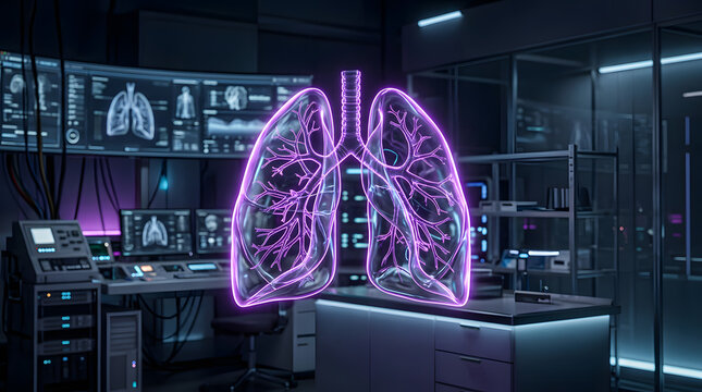 Glowing purple human lung hologram in futuristic medical laboratory.