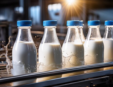 a dynamic capture of milk bottles on a conveyor belt featuring droplets splashing dramatically symbolizing freshness and the essence of dairy production
