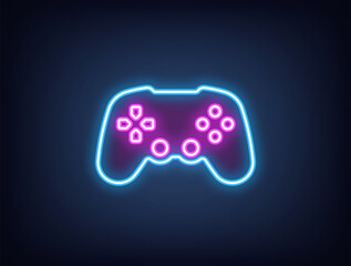 Outline neon gamepad, blue magenta. Neon wireless joystick for arcade games, videogame station controller. Wireless gamepad, computer games, play console, cybersport club, gaming zone. Vector © Дмитрий Майер