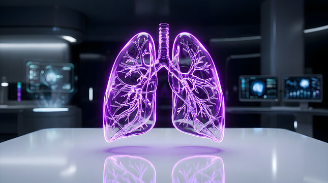Glowing purple human lung model in dark laboratory setting.