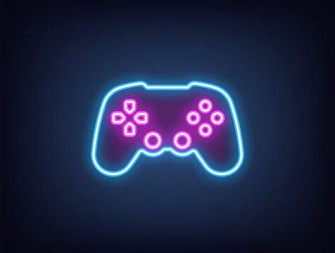 Outline neon gamepad, blue magenta. Neon wireless joystick for arcade games, videogame station controller. Wireless gamepad, computer games, play console, cybersport club, gaming zone. Vector