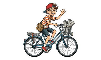 Fototapeta premium Paperboy riding bicycle delivering newspapers on white background