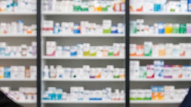 Two people in business suits shaking hands in front of pharmacy shelves with medications.