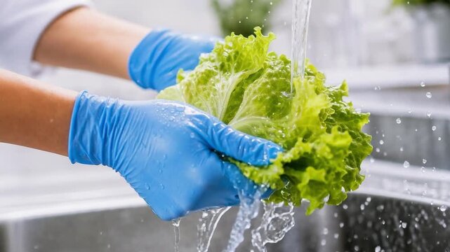 Person wearing blue gloves washing fresh green lettuce under running water in a kitchen sink.