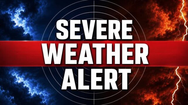 Severe weather alert warning with storm clouds and lightning visuals in red and blue background.
