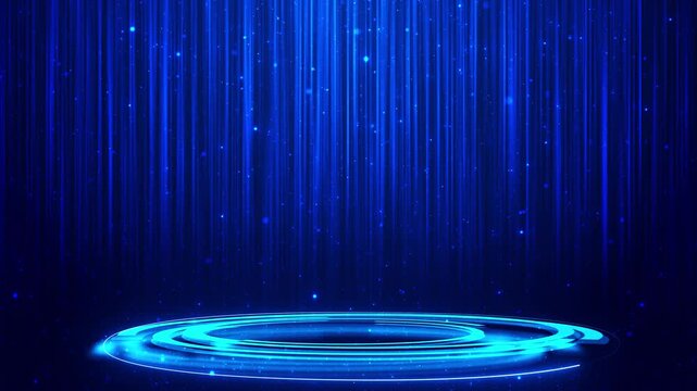 Cyan digital stage portal visual luminous round platform, falling blue light lines, deep particle atmosphere. for virtual events, product launches, tech titles, sci fi scenes, motion graphics.