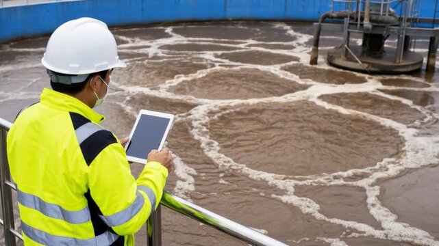 Worker in safety gear monitors water quality at an industrial wastewater treatment facility using a tablet.