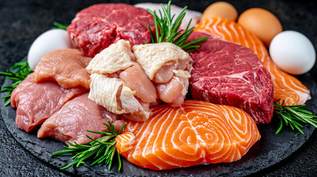 Top down arrangement of fresh uncooked proteins with juicy beef steaks, skin on chicken pieces, salmon fillets, white fish and eggs on a matte black slate slab decorated with rosemary sprigs, balanc