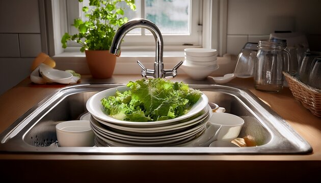 dirty dishes piled in a kitchen sink with leftover salad greens highlighting the aftermath of meal preparation