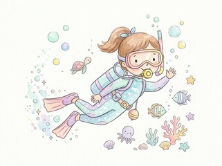 Fototapeta premium Cute watercolor illustration of a smiling little girl scuba diving underwater with tropical fish, coral reef and sea creatures. Whimsical children's adventure, ocean exploration and summer vacation co