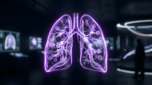 Glowing purple lung hologram in futuristic medical laboratory setting.