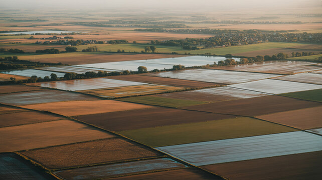 Agricultural fields featuring divided water-logged plots create a geometric pattern across the vast landscape during the late afternoon.