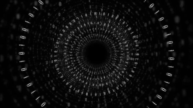 Monochrome digital binary vortex visual white code particles, black circular tunnel, and deep 19 motion. AI explainers, hacker intros, data science clips, software screens, and motion