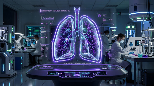 Glowing purple lung hologram on laboratory control panel
