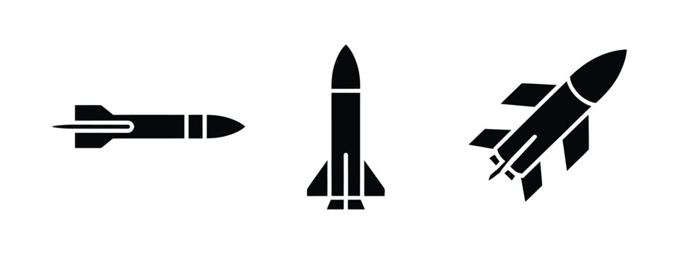 Missile and rocket icon set, defense, aerospace, space exploration, launch vehicle, flight technology, outline and solid symbols, vector illustration.