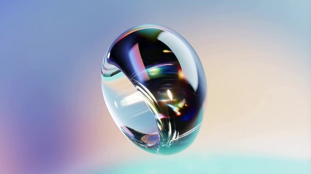 Floating reflective glass ring with prismatic light effects in gradient sky background