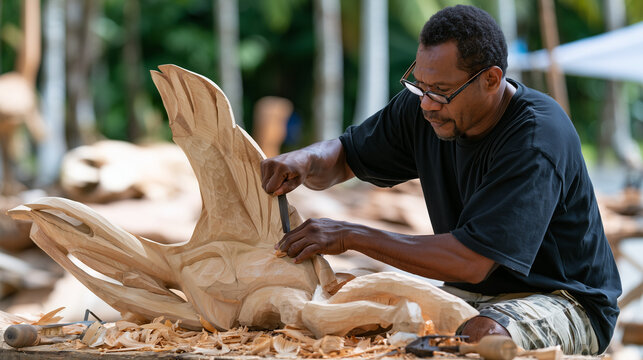Skilled Indigenous Woodcarver Crafting Traditional Art Pieces at the Asmat Culture Festival in Papua