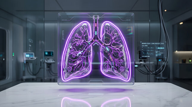 Glowing purple lung model inside laboratory glass display case.
