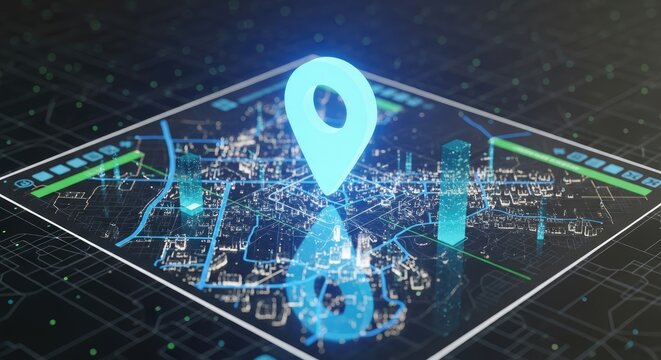 A digital map displays a glowing blue pinpoint marker over a futuristic cityscape. The map is overlaid with intricate circuit board patterns and glowing data streams.