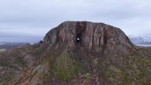 Norway Nordland Br&oslash;nn&oslash;y Br&oslash;nn&oslash;ysund Torgfjorden Vestav&aring;gen Torget Island Torghatten Granite Dome 4K Aerial Drone Footage
