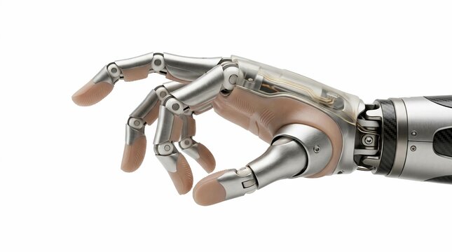 Robotic prosthetic hand with bionic fingers, advanced humanoid cyborg arm technology, metal and silicone prosthetic limb on white background