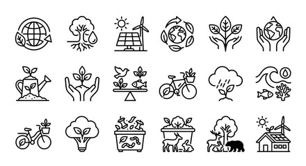 Eco-friendly icons: planet, tree, solar, recycling, nature, hands, sustainability, growth © Ajeng
