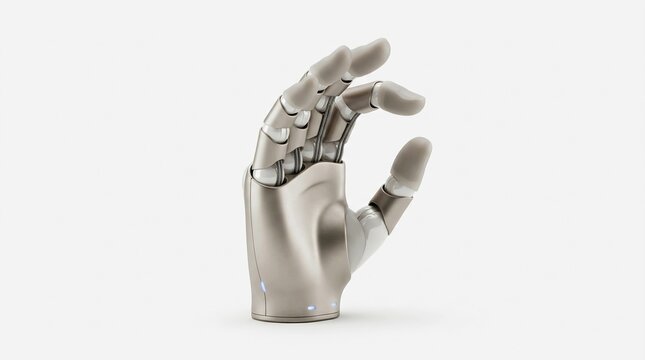 Robotic prosthetic hand with metallic finish, advanced bionic arm technology for medical rehabilitation, futuristic silver cyborg hand on white background