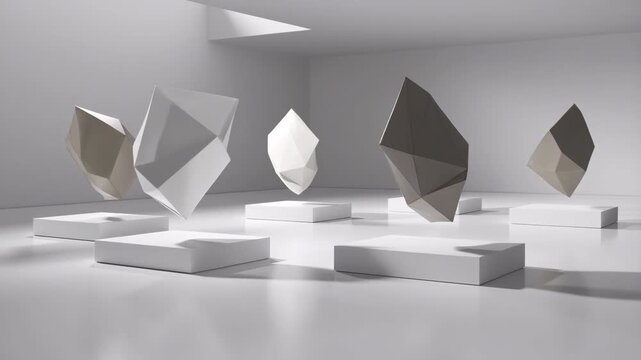 Levitating faceted sculptures hover above glossy white plinths inside minimal high-ceiling gallery, lit by rectangular skylight that casts soft daylight, shadows and calm reflections