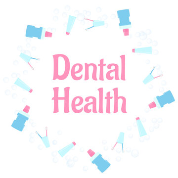 A pentagonal frame with oral hygiene items. The inscription Dental Health is in the center. White background.