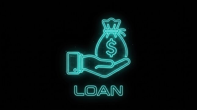 Digital Neon Loan Icon: Hand Holding Money Bag for Financial Assistance and Banking Services