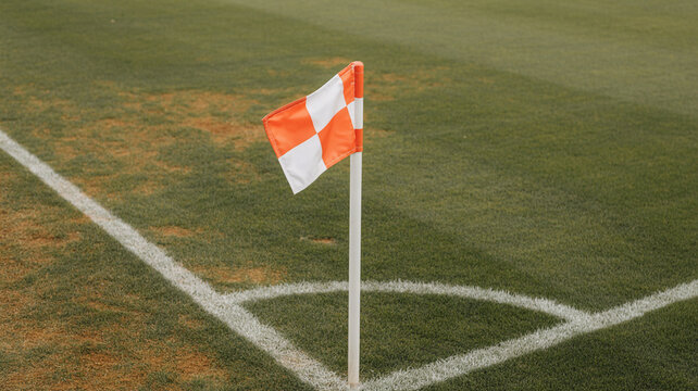 Close up of a corner flag on a soccer field with football athletic competition sporting tournament championship professional training practice