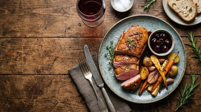 A beautifully plated roasted duck sits on a rustic wooden table. The duck is glazed with a rich, dark sauce and accompanied by roasted potatoes, carrots, and redcurrants.