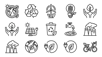 Eco friendly icons: recycling, solar panel, wind turbine, planet earth, save nature © bahlil