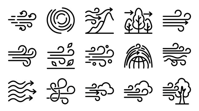 Set of 15 Wind Icons and Symbols: Breeze, Gusts, Storms, Nature, Weather, Airflow