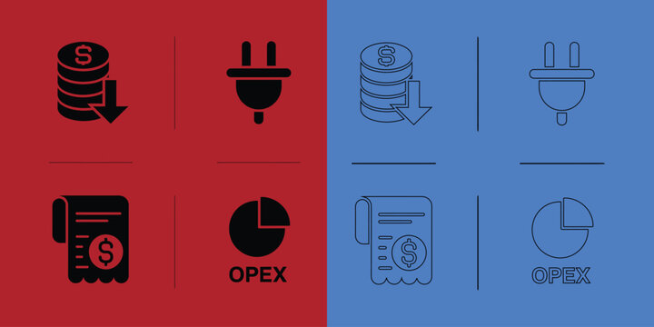 Financial expense and opex in solid and outline styles on red and blue split backgrounds