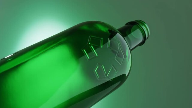 Emerald glass bottle rotating under cool studio light, embossed recycling symbol visible on curved shoulder, open neck upward, clean modern product presentation with glossy reflections