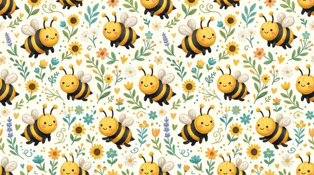 Adorable smiling bumble bee cartoon illustration in a seamless floral pattern.