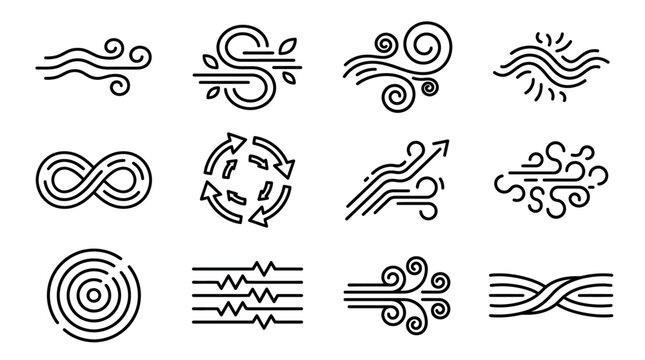 Set of wind icons, air flow symbols, weather, nature, abstract design elements