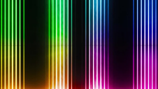 Rainbow neon laser pillars glowing vertically on a dark futuristic background.