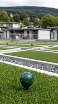 Close up of a green location pin in a green grass plot surrounded by pathways in a rural landscape under an overcast sky