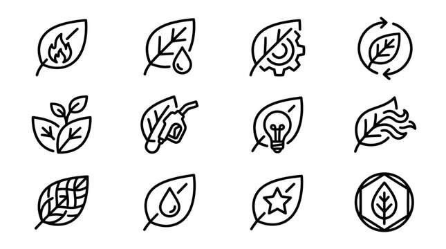 Eco Icons Set: Leaves with Nature, Energy, Fuel, and Recycle Symbols