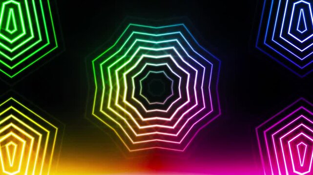 Rainbow neonColorful neon polygon laser shapes glow across a dark futuristic background. laser lines form glowing grid panels on a dark background.