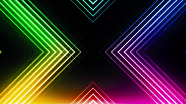 Rainbow neon chevron laser lines create a vibrant futuristic light pattern.