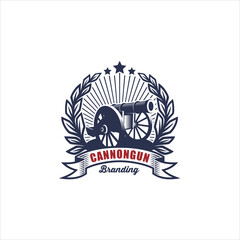 Obraz premium Vintage Emblem Style Cannon Gun Artillery Weapon Logo Design Illustration