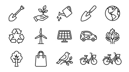 Eco-friendly icons: gardening, renewable energy, sustainability, nature, green transport © Bobon