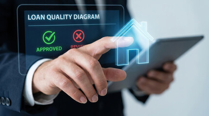 Obraz premium Business hand touching home loan quality diagram mortgage approval tablet Business hand touching digital home icon with loan quality diagram, mortgage approval interface, real estate finance