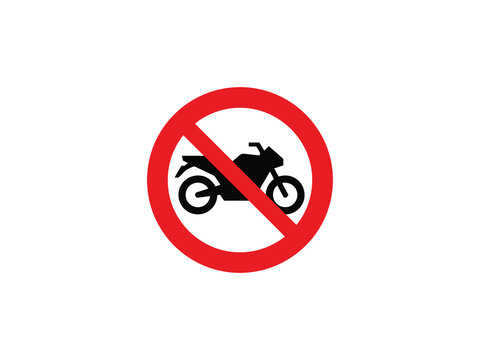 Motorcycle prohibition sign a black silhouette of a motorbike inside a red circle on white vehicle transportation restriction