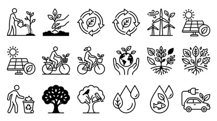 Eco-friendly icons: sustainability, nature, renewable energy, recycling, green lifestyle © Bobon